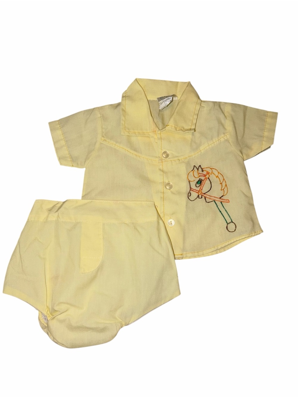 Vintage 1960-70s Mayfair Butter Yellow Baby 2 pc Set Embroidery Horse 3-6 mon